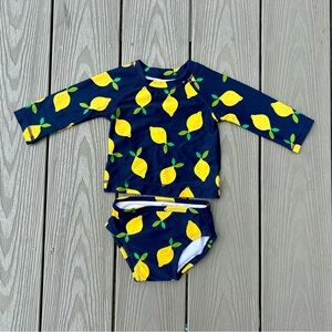 Hanna Andersson navy and yellow lemon rash guard two piece swimsuit